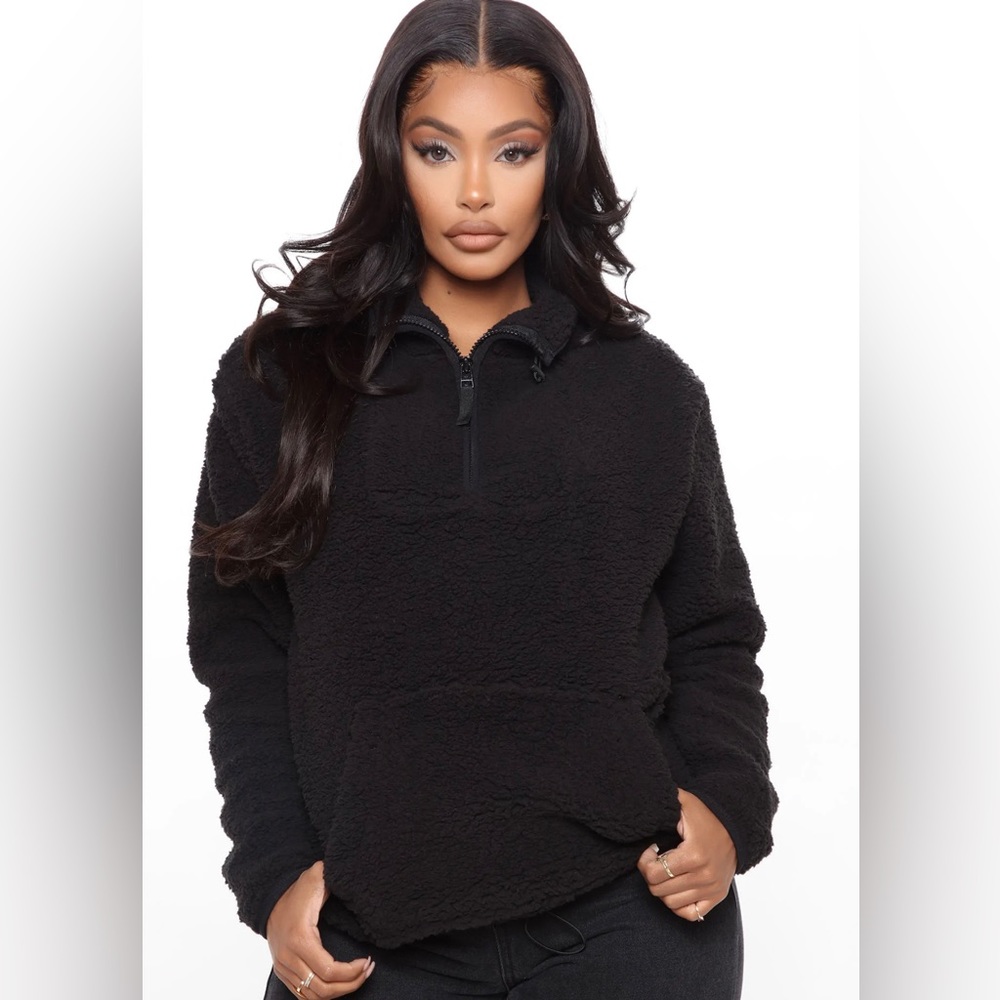 FASHION NOVA Cozy Feels Sherpa Pullover - Black (Size 1x)